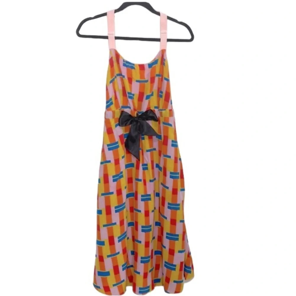 Adam Lippes Multicolor 100% Silk Front Bow Racerback Sleeveless Midi Dress Sz 0